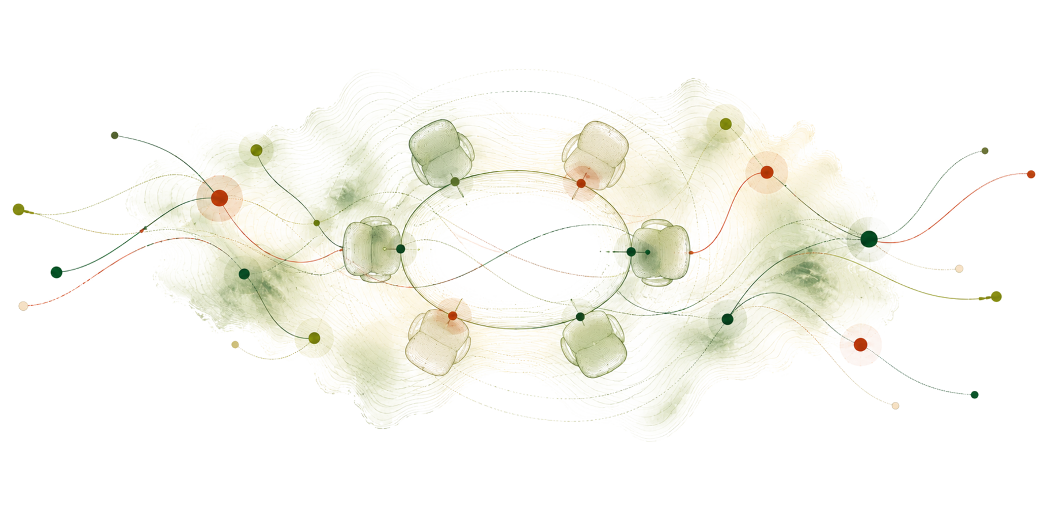 Open roundtable with six empty seats, connected by flowing regional pathways and nodes.
