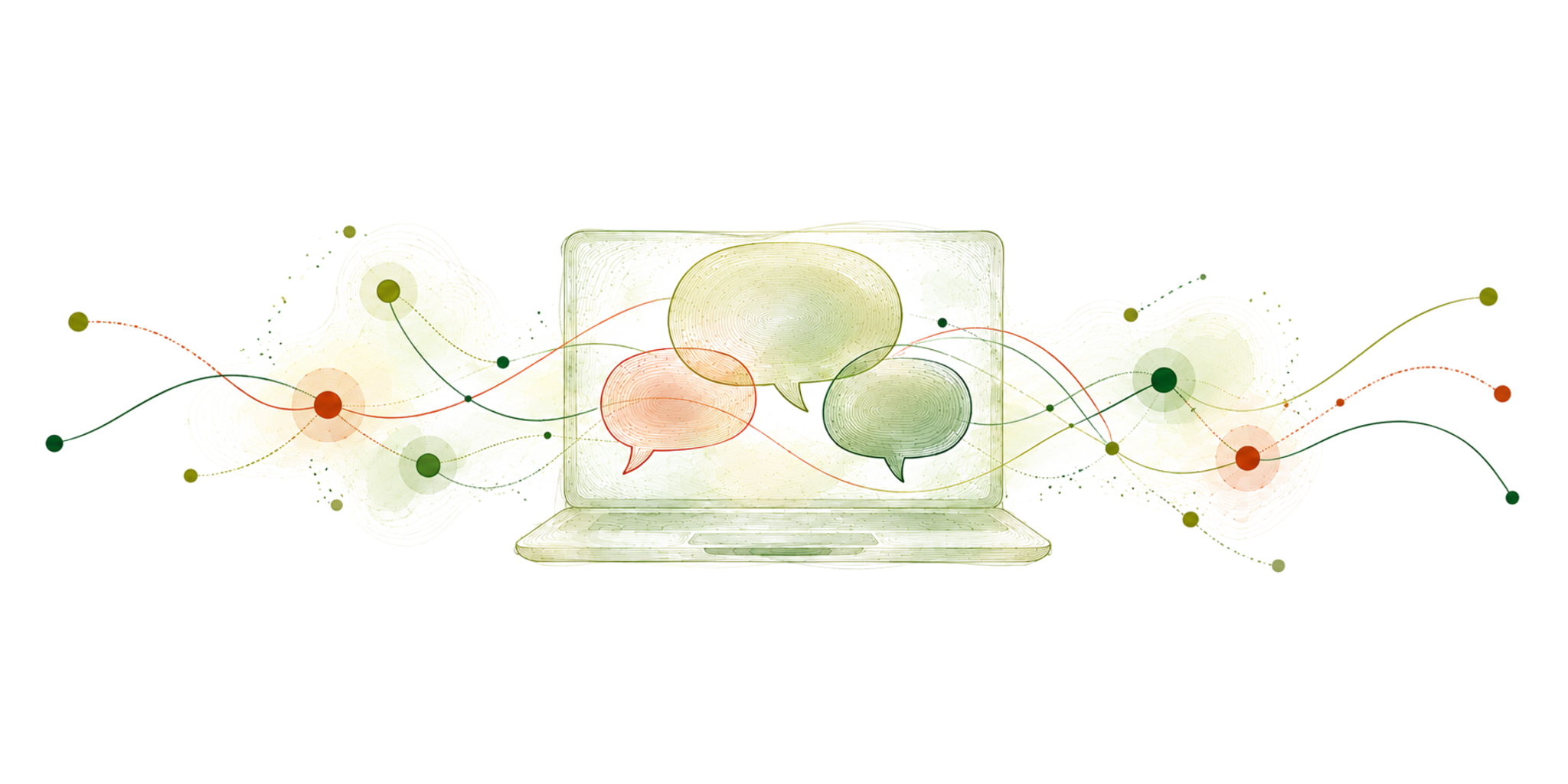 Laptop with overlapping speech bubbles, connected by flowing pathways and regional nodes.