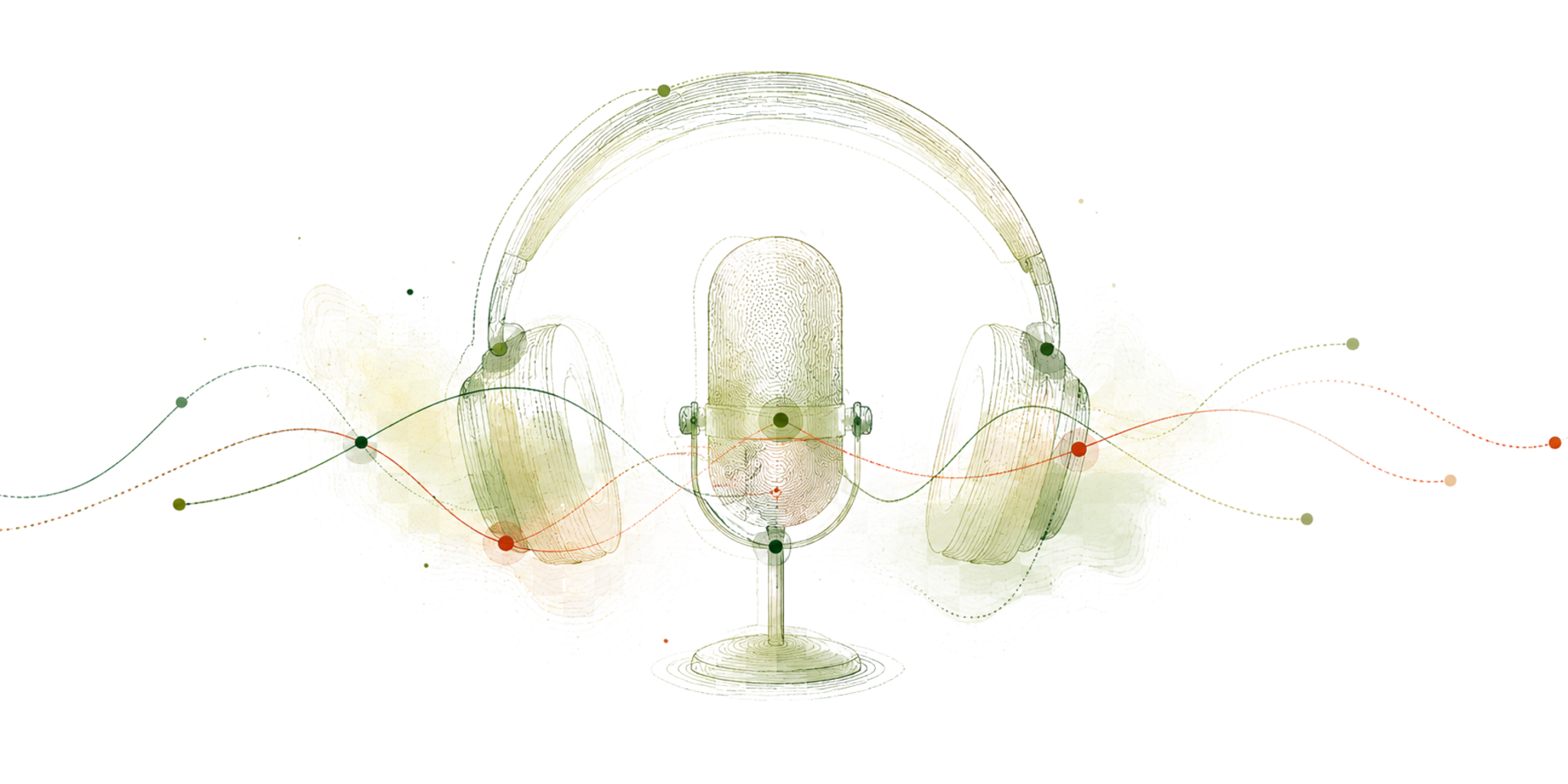  Podcast microphone and headphones connected by flowing pathways and regional nodes.