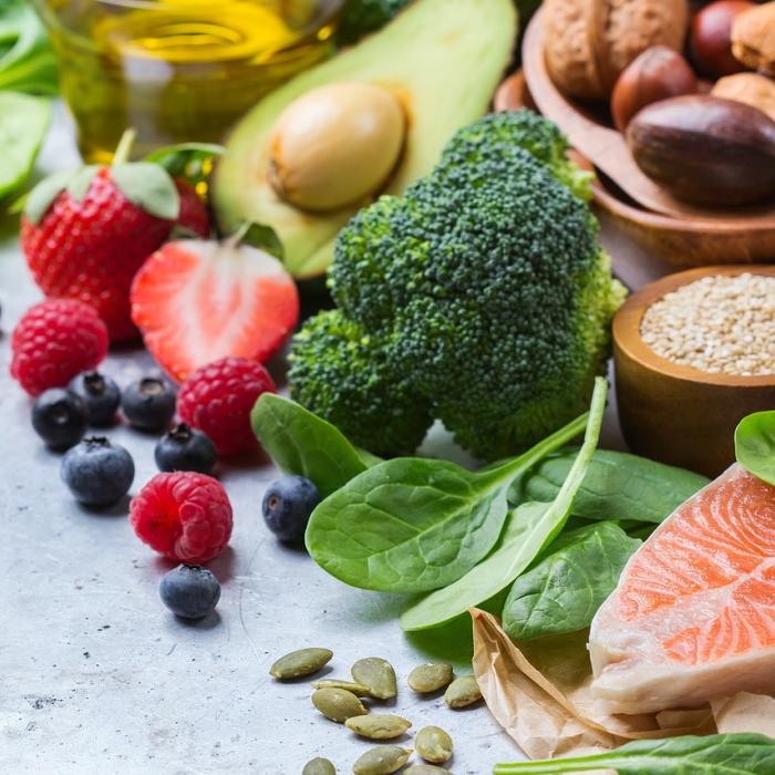 Image of fruit, vegetables and a piece of fish