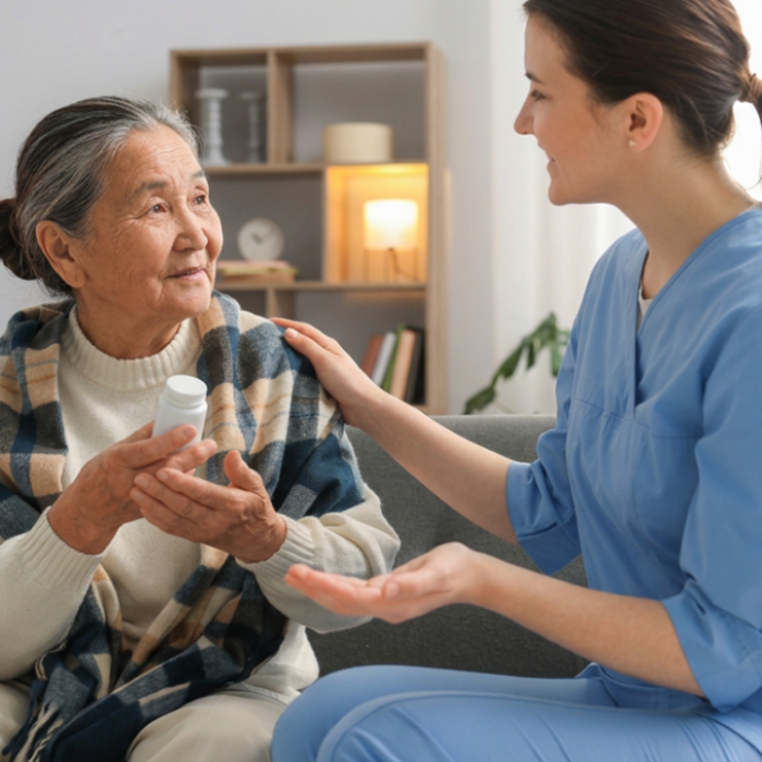 Older woman speaking with nurse holding medication - canva