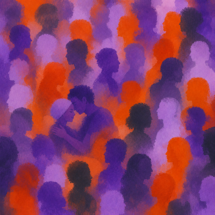 Abstract silhouettes of diverse people in purple, lilac and orange, with a couple sharing a gentle embrace at the centre.