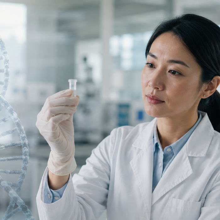 A laboratory scientist examining a sample tube beside a translucent DNA strand.