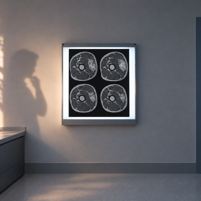 An illuminated lightbox displays four axial MRI slices of an upper arm with a soft-tissue lesion, while a clinician’s shadow falls across the wall.