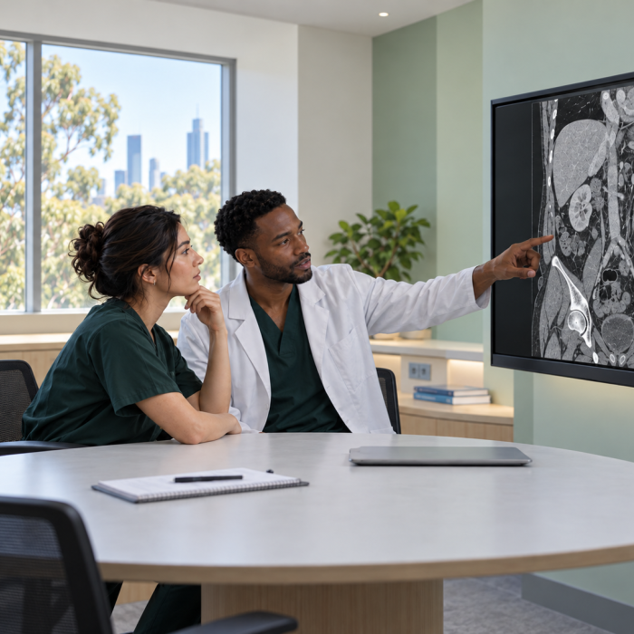 Two early-career clinicians review a coronal CT scan of the abdomen and pelvis in a bright hospital meeting room.