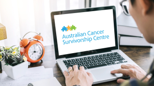 Person at laptop with Australian Cancer Survivorship Cousre logo